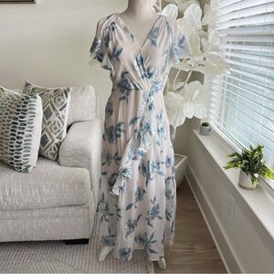 Rebecca Taylor Metallic Womans Met Fleur Silk Floral Ruffle Flutter Maxi Dress